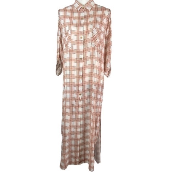 I Joah Dresses & Skirts - I Joah Maxi Shirt Dress Roll Tab Sleeve Plaid Button Down Rust and Cream Sz M